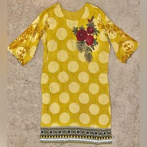 Pakistani Kurta Slef print Mustard/Yellow Polka Dots Floral Embroidery/Sequins